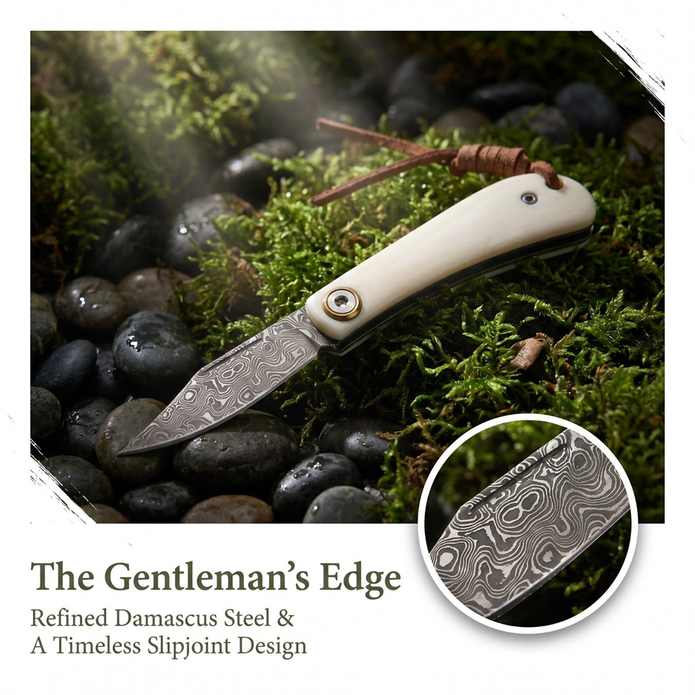 Vintage Collectible Knives - Vintage Damascus Folding EDC Pocket Knife